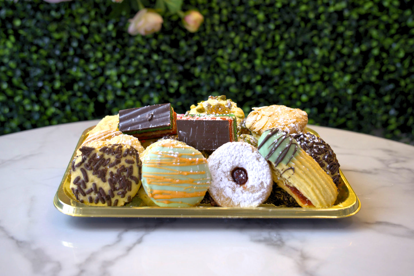A display of assorted Italian butter cookies made by La Roma Pastry Shop