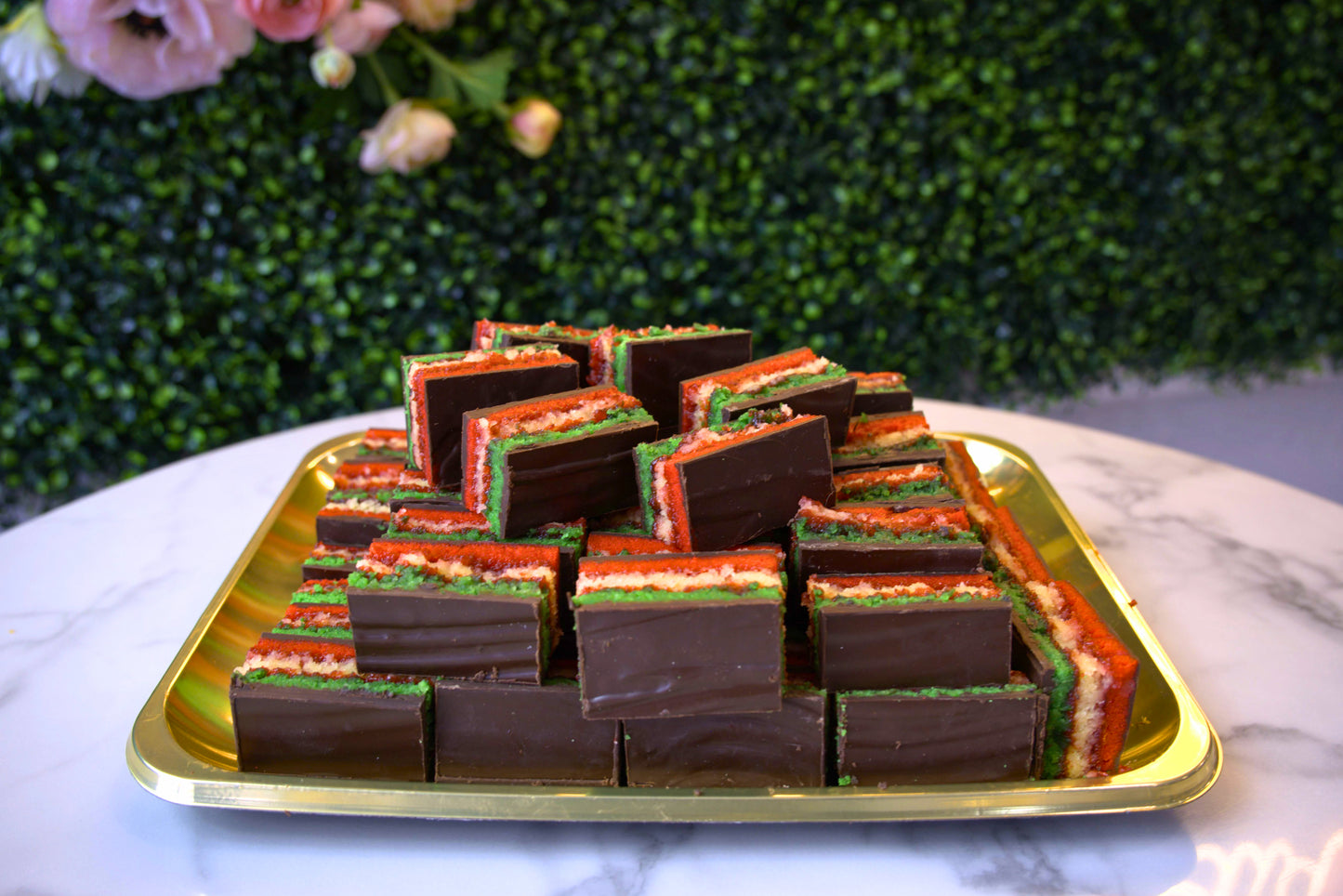 A lovely display of three pounds of rainbow cookies from La Roma Pastry Shop