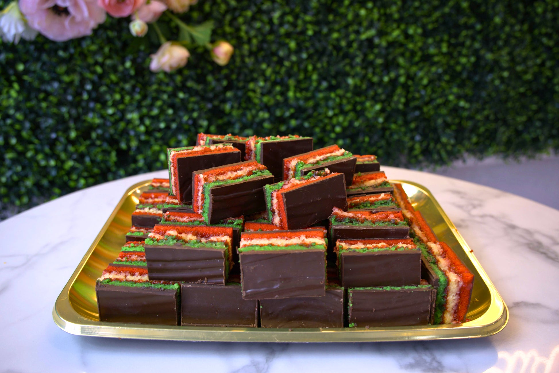 A lovely display of three pounds of rainbow cookies from La Roma Pastry Shop
