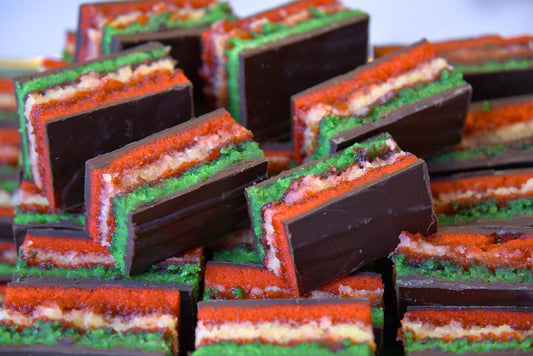 Close up detail shot of La Roma Pastry Shop's classic rainbow cookies