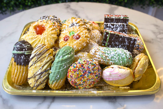Slightly overhead angle of assorted butter cookies from La Roma Pastry Shop